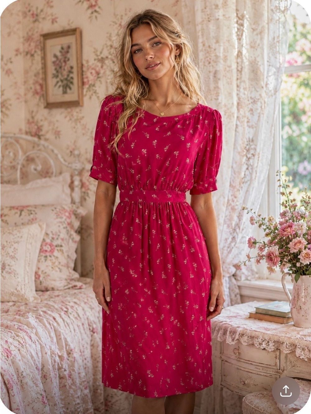 SILK STUDIO Vintage 80's 100% Silk Cottagecore Fuchsia Smocked Waist Dress